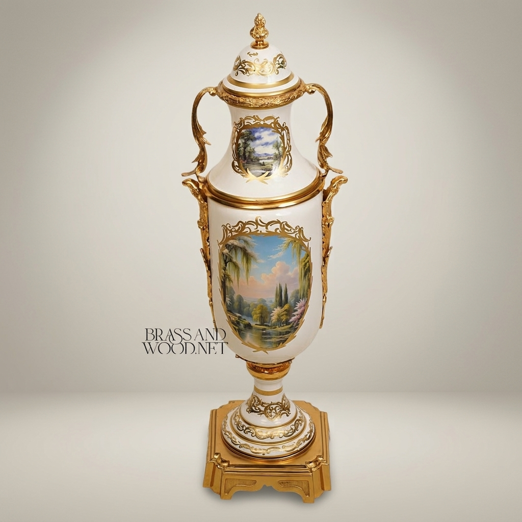 Neoclassical Hand-Painted Ceramic Lidded Urn Vase with Brass Mounts — Landscape & Floral Medallion