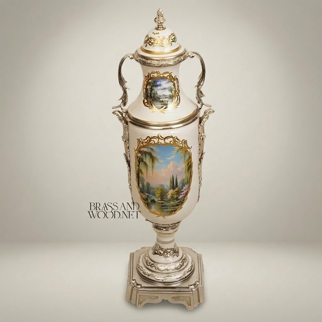 Neoclassical Hand-Painted Ceramic Lidded Urn Vase with Brass Mounts — Landscape & Floral Medallion — Silver