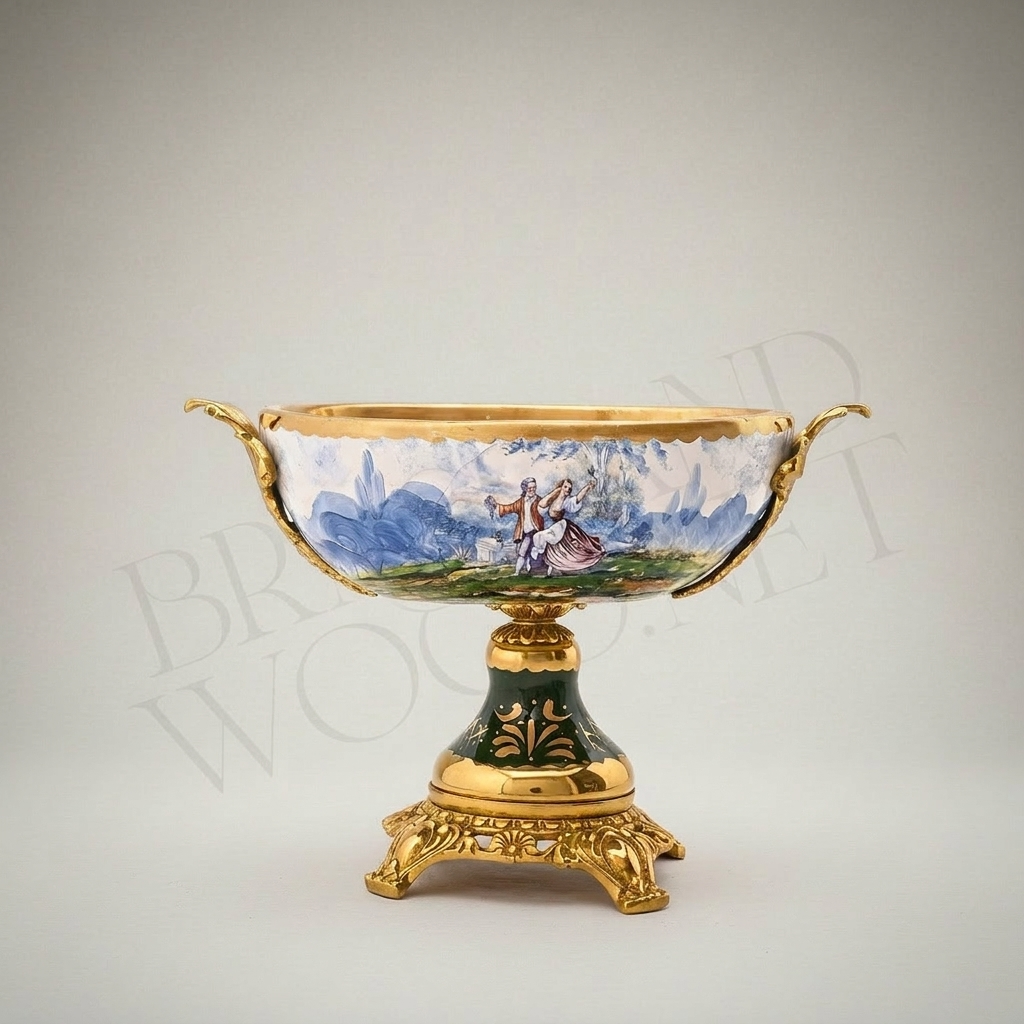 Neoclassical Hand-Painted Ceramic Lidded Urn Vase with Landscape Medallion & Brass Mounts — Gold