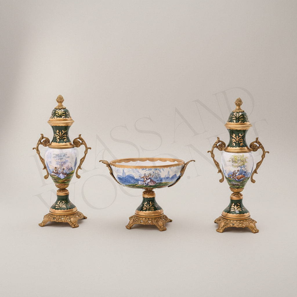 Neoclassical Hand-Painted Ceramic Lidded Urn Vase with Landscape Medallion & Brass Mounts — Antique Gold