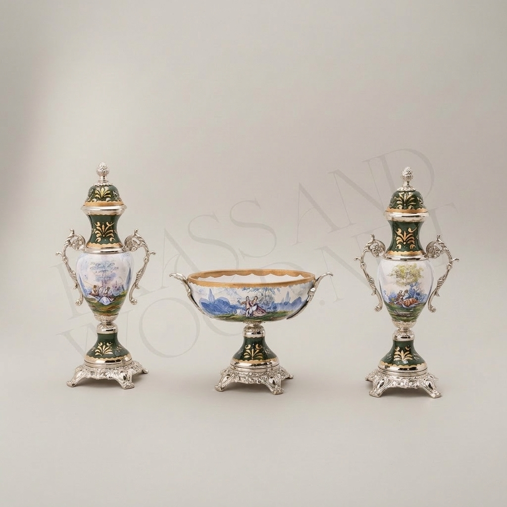 Neoclassical Hand-Painted Ceramic Lidded Urn Vase with Landscape Medallion & Brass Mounts — Silver