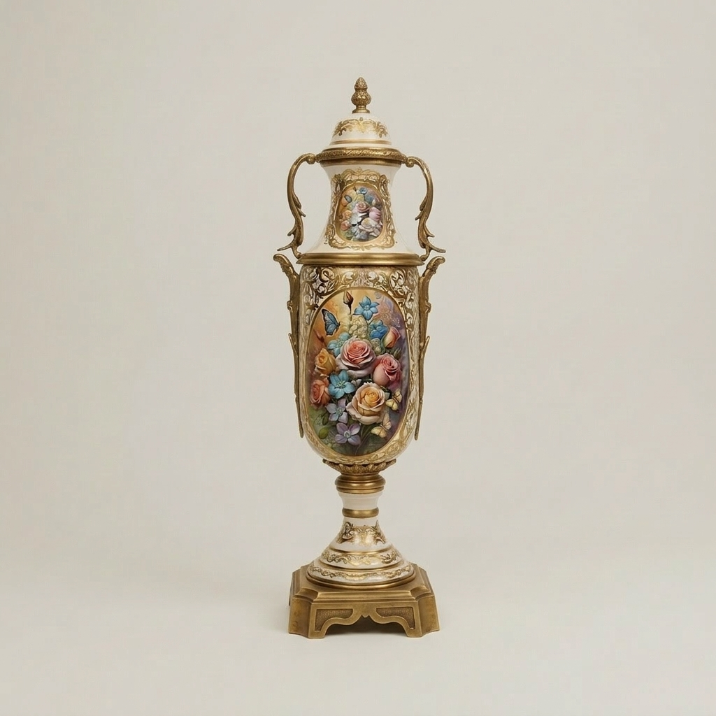 Neoclassical Hand-Painted Ceramic Lidded Urn Vase with Brass Mounts — Landscape & Floral Medallion — Antique Gold