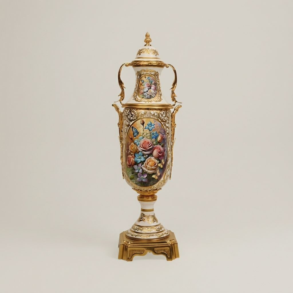 Neoclassical Hand-Painted Ceramic Lidded Urn Vase with Brass Mounts — Landscape & Floral Medallion — Gold