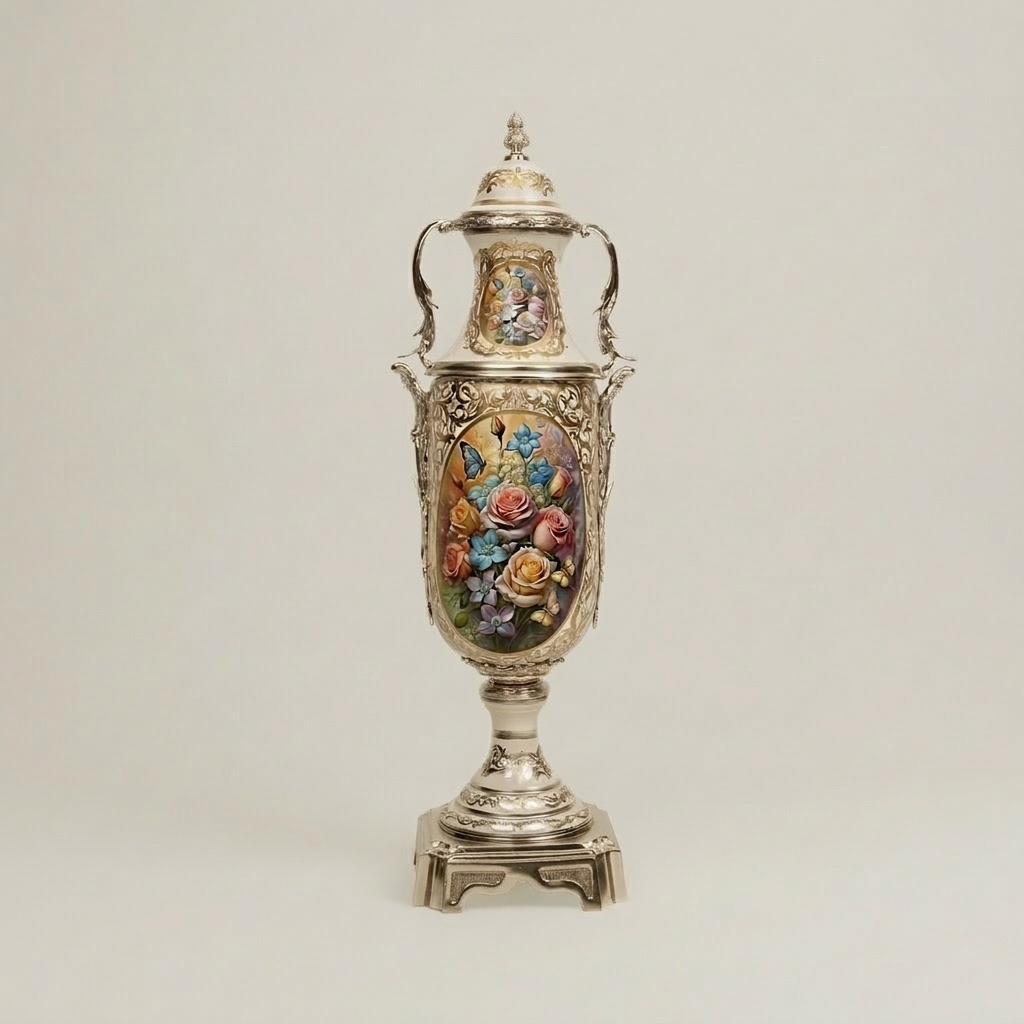 Neoclassical Hand-Painted Ceramic Lidded Urn Vase with Brass Mounts — Landscape & Floral Medallion — Silver
