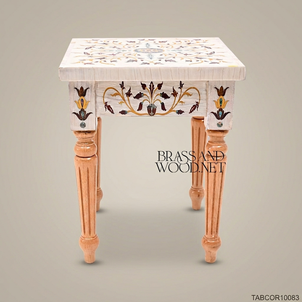 Neoclassical Ivory Corner Table with Polychrome Floral Inlay