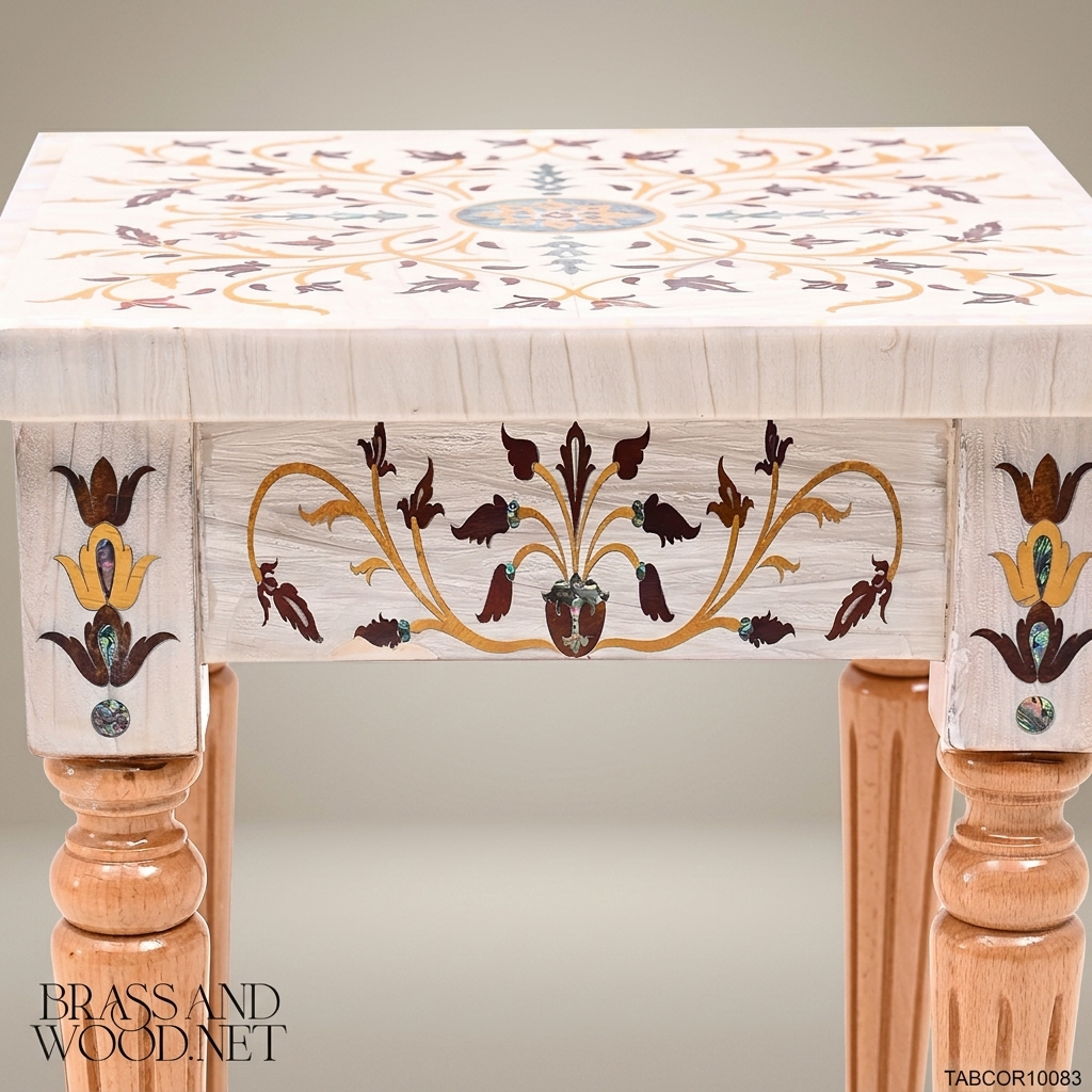 Neoclassical Ivory Corner Table with Polychrome Floral Inlay