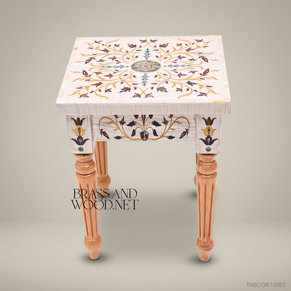 Neoclassical Ivory Corner Table with Polychrome Floral Inlay