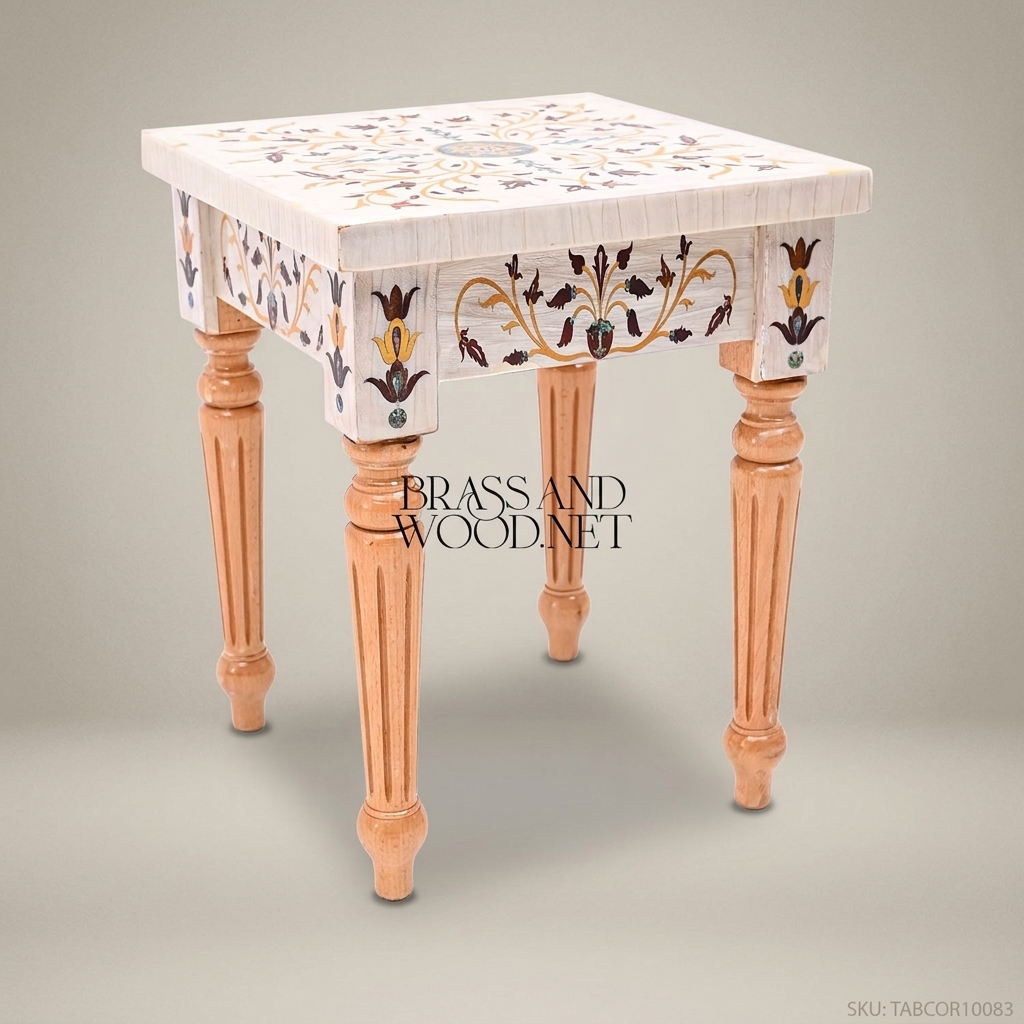 Neoclassical Ivory Corner Table with Polychrome Floral Inlay