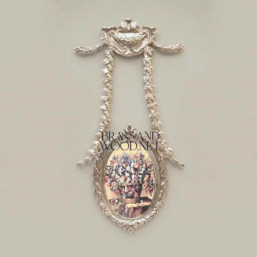 Neoclassical Laurel Swag Oval Wall Frame with Cartouche Crest — Silver
