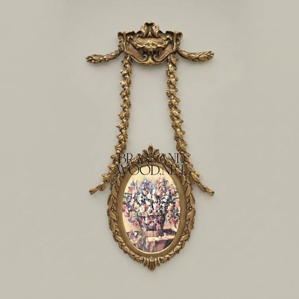 Neoclassical Laurel Swag Oval Wall Frame with Cartouche Crest — Antique Gold
