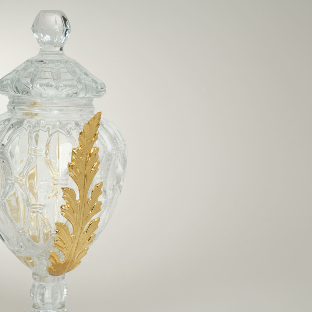 Neoclassical Lidded Crystal Urn Vase with Acanthus Brass Mounts & Ornate Footed Base — Gold