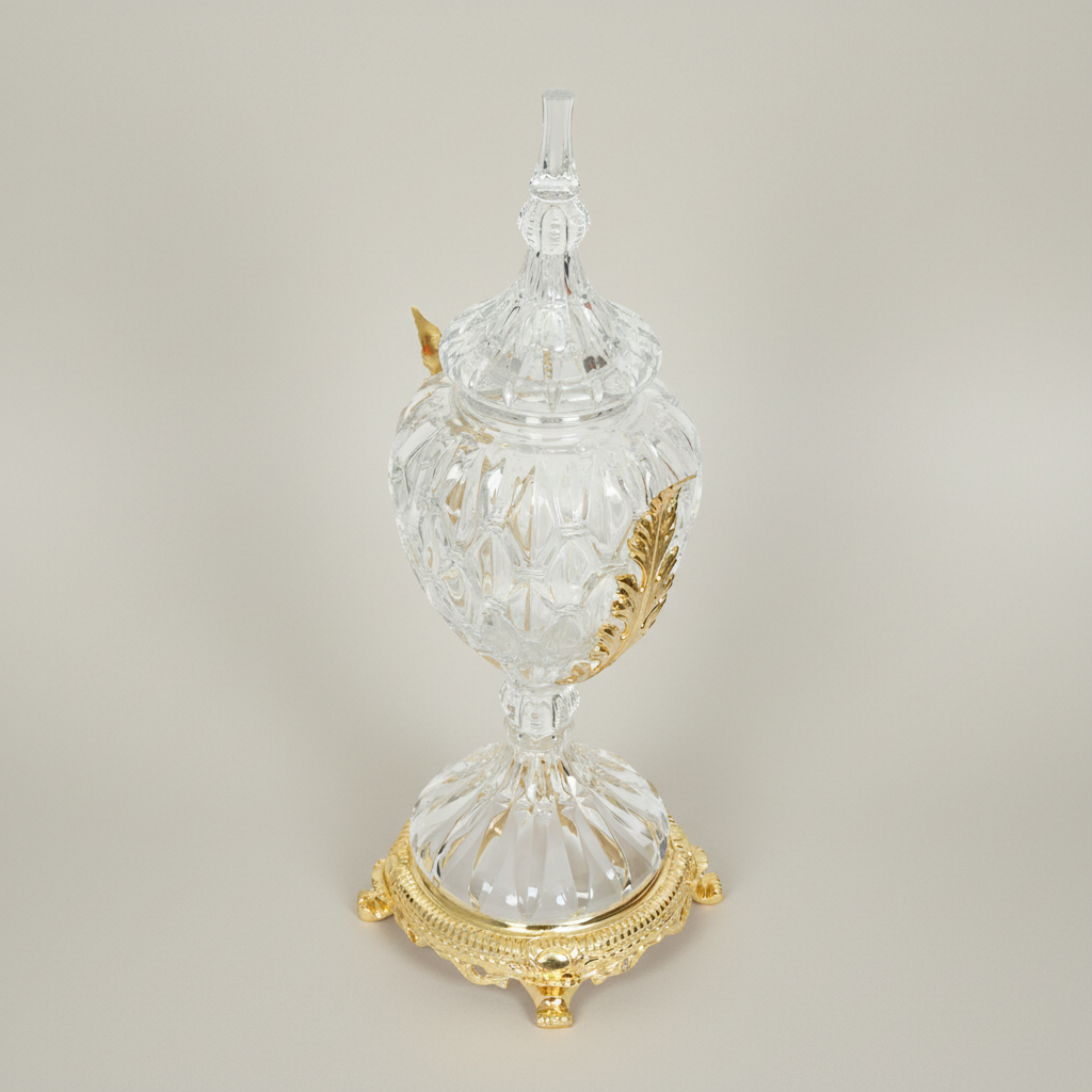 Neoclassical Lidded Crystal Urn Vase with Acanthus Brass Mounts & Ornate Footed Base