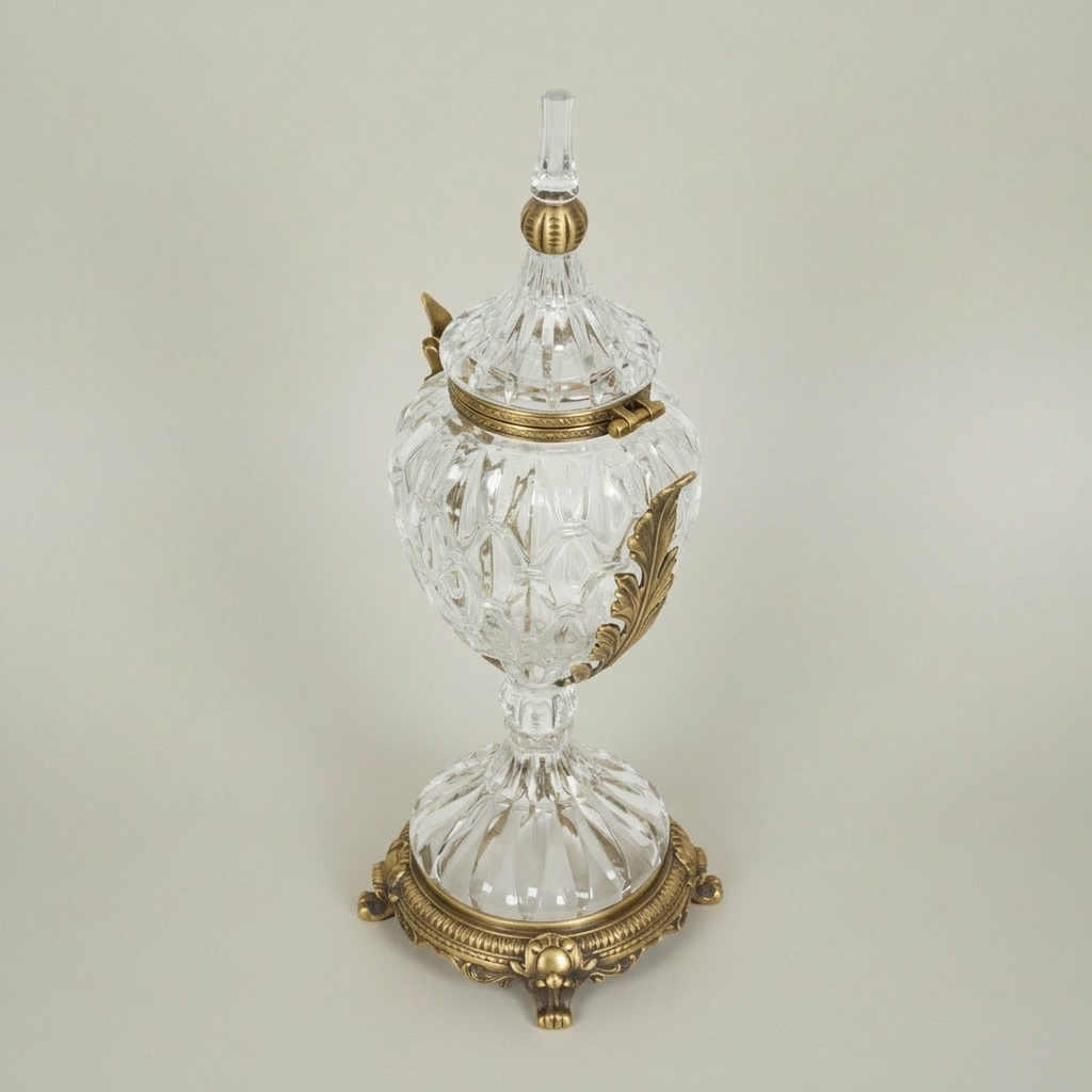Neoclassical Lidded Crystal Urn Vase with Acanthus Brass Mounts & Ornate Footed Base — Antique Gold