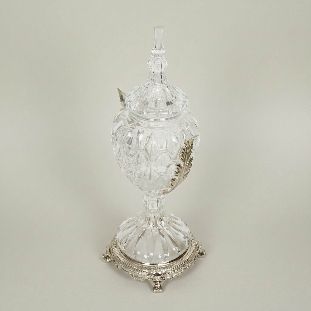 Neoclassical Lidded Crystal Urn Vase with Acanthus Brass Mounts & Ornate Footed Base — Silver