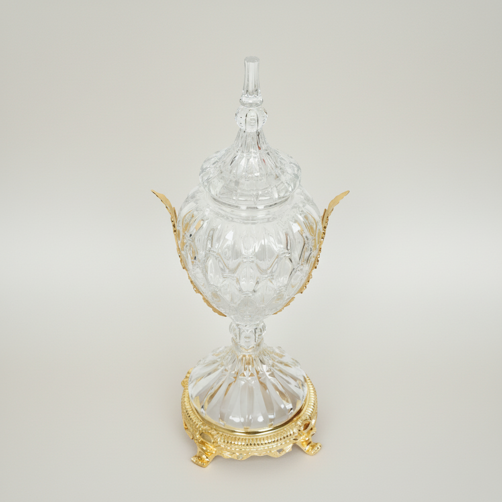 Neoclassical Lidded Crystal Urn Vase with Acanthus Brass Mounts & Ornate Footed Base