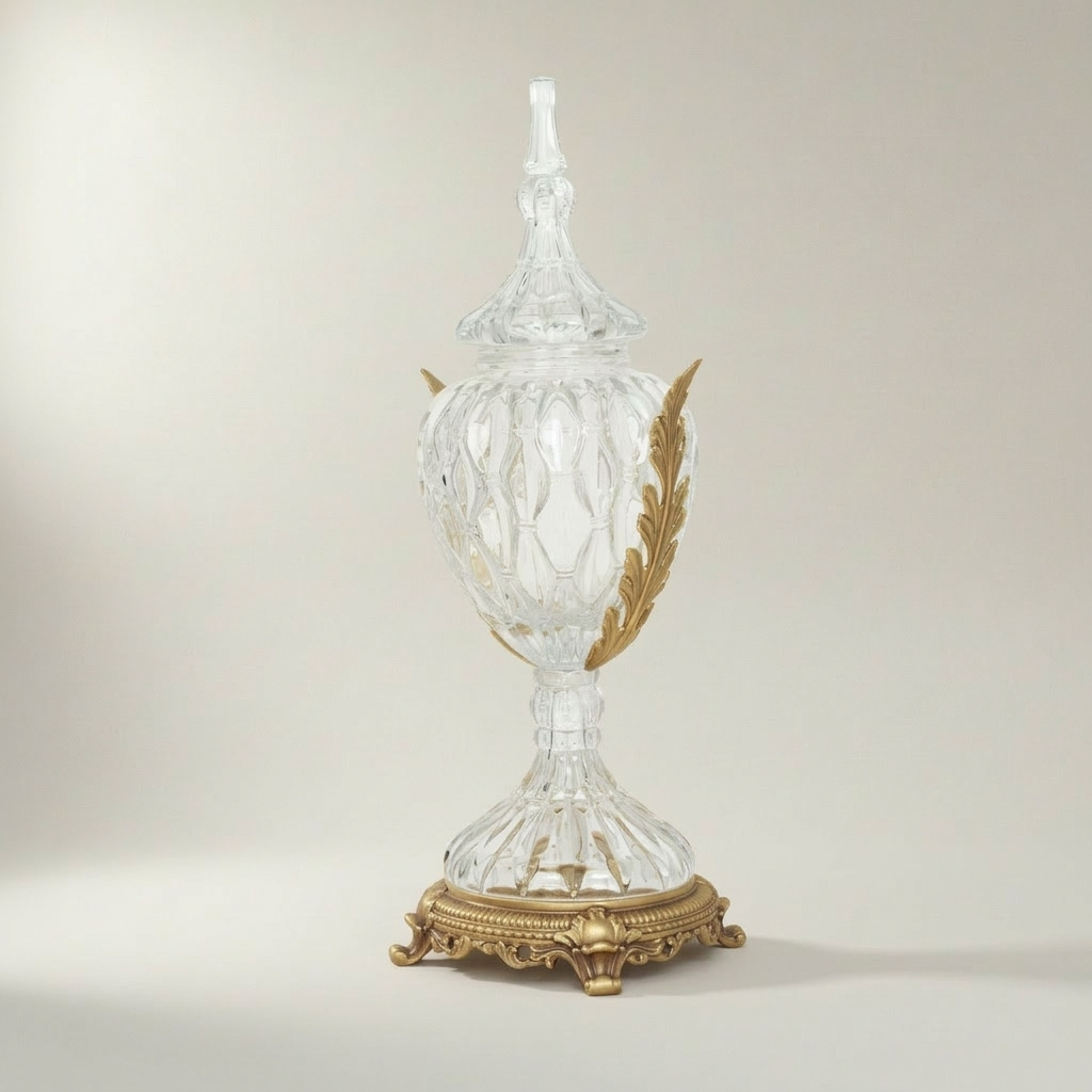 Neoclassical Lidded Crystal Urn Vase with Acanthus Brass Mounts & Ornate Footed Base — Antique Gold
