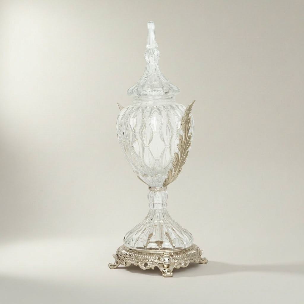 Neoclassical Lidded Crystal Urn Vase with Acanthus Brass Mounts & Ornate Footed Base — Silver