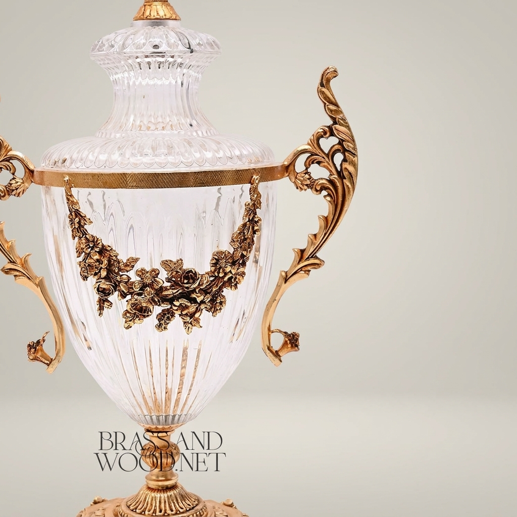Neoclassical Lidded Crystal Urn Vase with Brass Floral Swag Handles & Ornate Base
