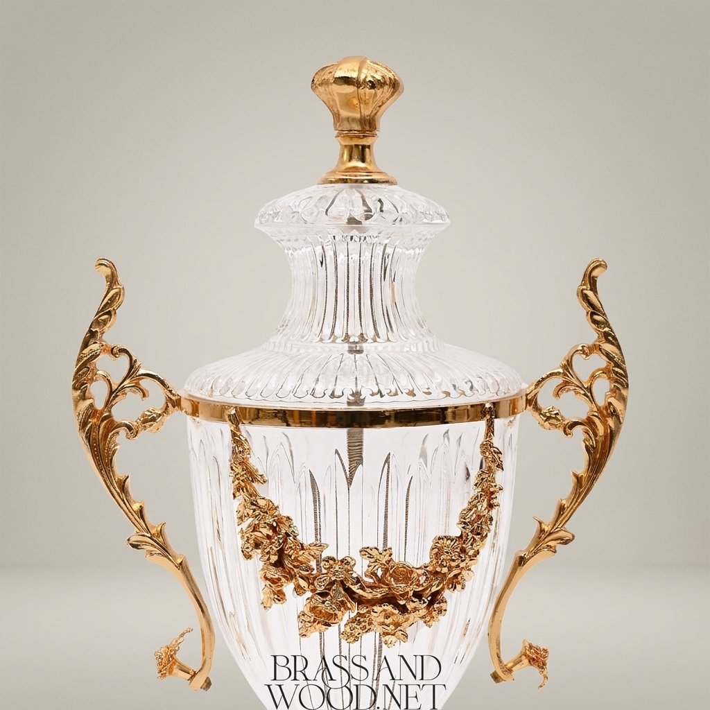 Neoclassical Lidded Crystal Urn Vase with Brass Floral Swag Handles & Ornate Pedestal Base — Gold