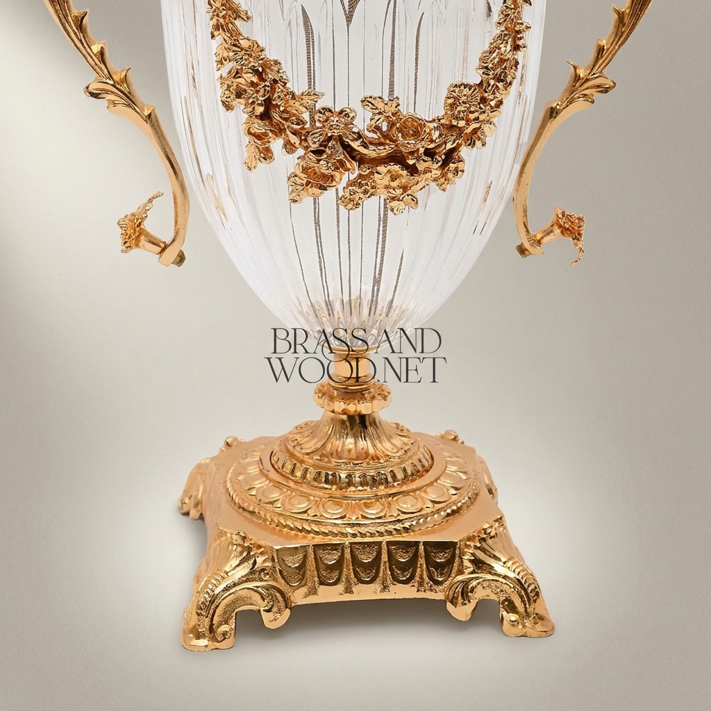 Neoclassical Lidded Crystal Urn Vase with Brass Floral Swag Handles & Ornate Pedestal Base — Gold