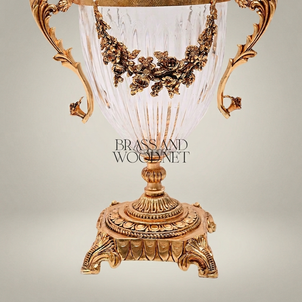Neoclassical Lidded Crystal Urn Vase with Brass Floral Swag Handles & Ornate Base — Gold