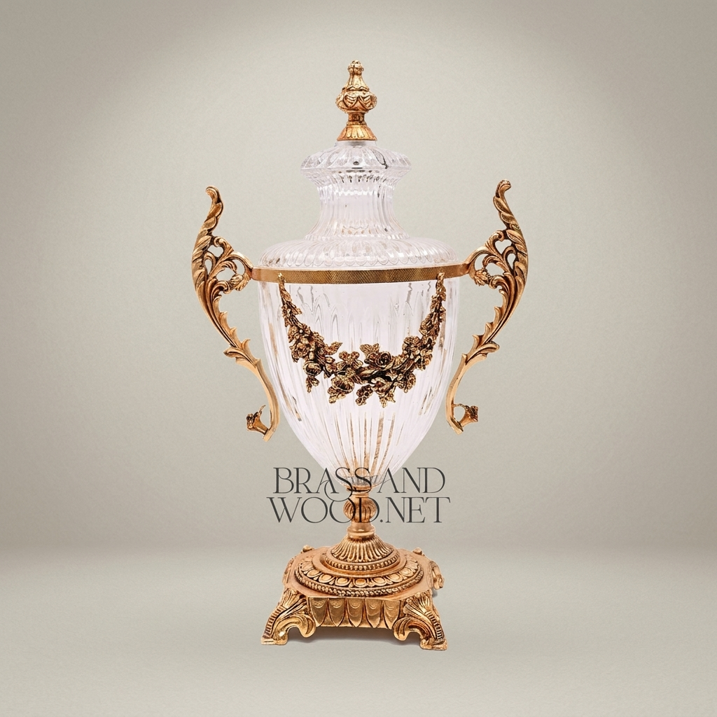 Neoclassical Lidded Crystal Urn Vase with Brass Floral Swag Handles & Ornate Base