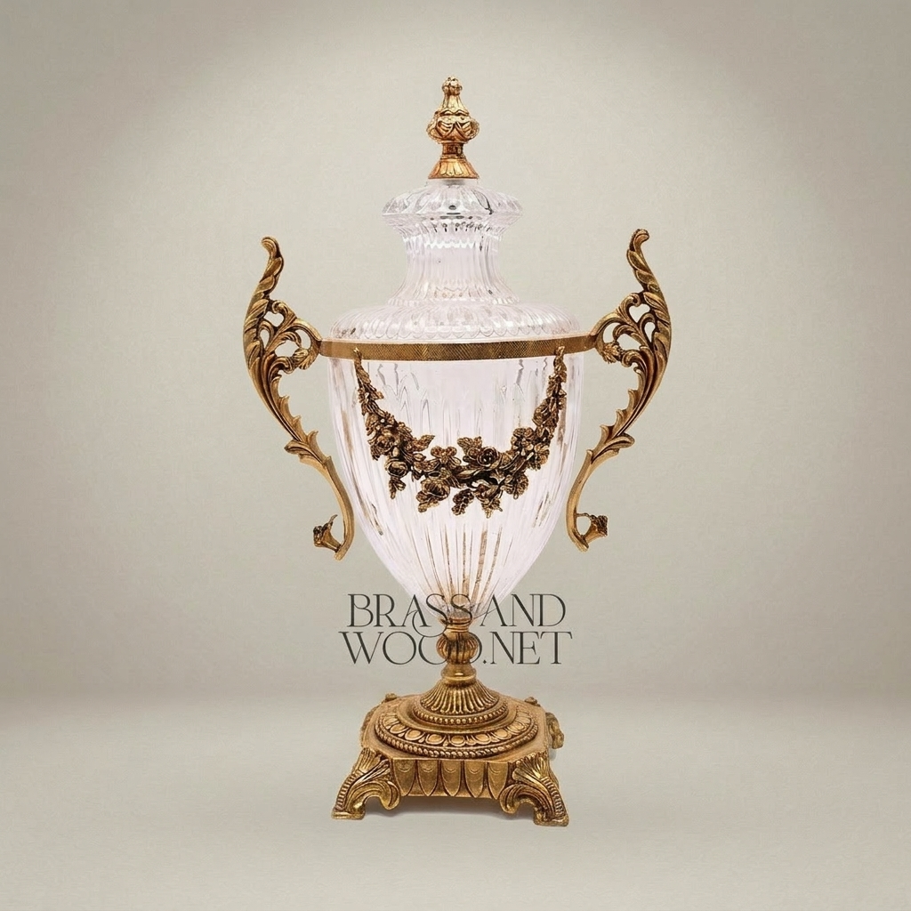 Neoclassical Lidded Crystal Urn Vase with Brass Floral Swag Handles & Ornate Base — Antique Gold