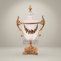 Neoclassical Lidded Crystal Urn Vase with Brass Floral Swag Handles & Ornate Base — Gold