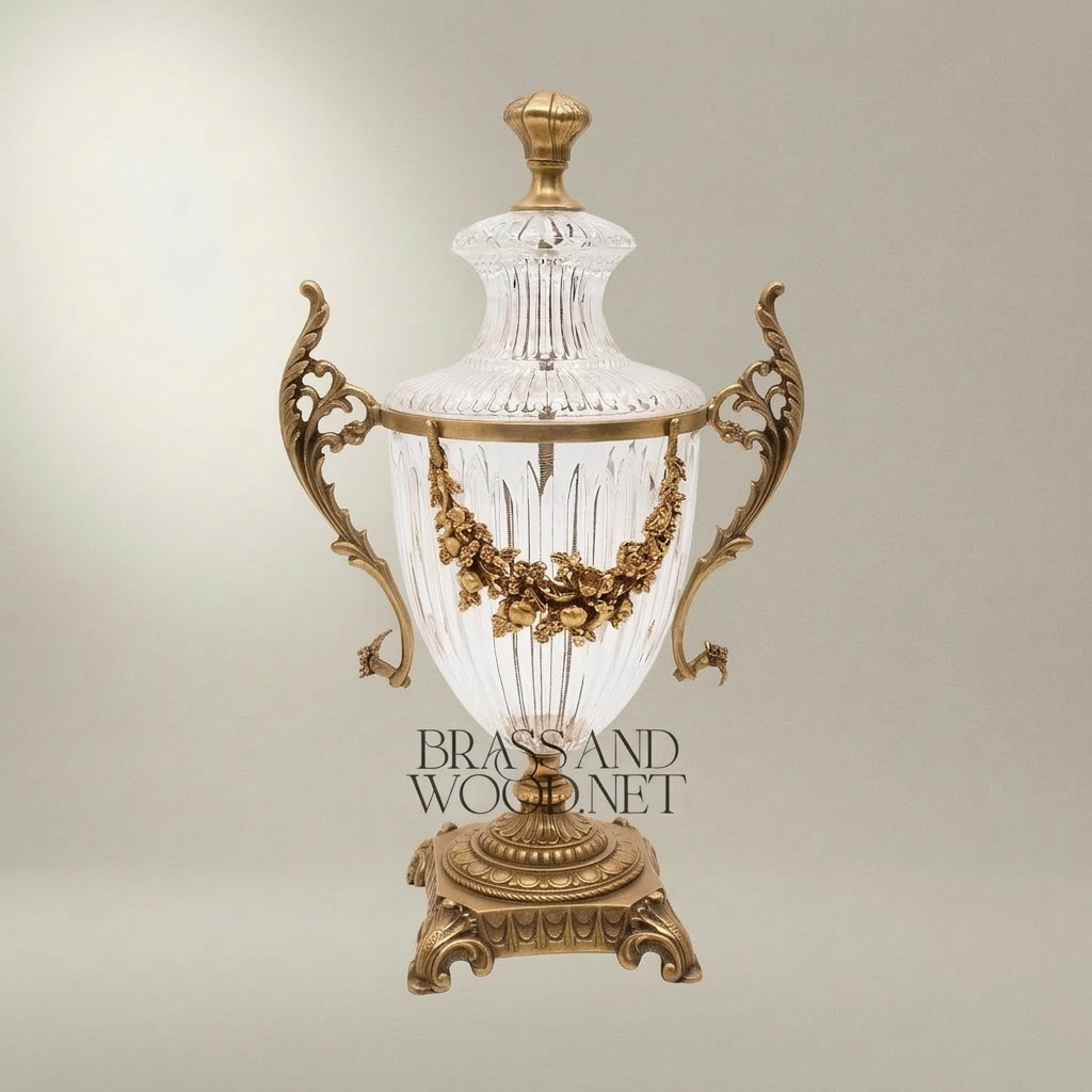 Neoclassical Lidded Crystal Urn Vase with Brass Floral Swag Handles & Ornate Pedestal Base — Antique Gold