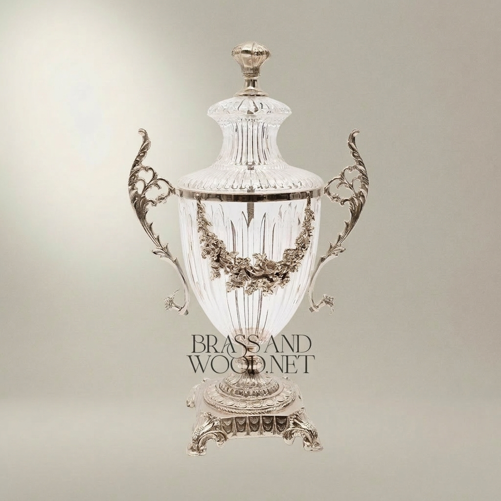 Neoclassical Lidded Crystal Urn Vase with Brass Floral Swag Handles & Ornate Pedestal Base — Silver