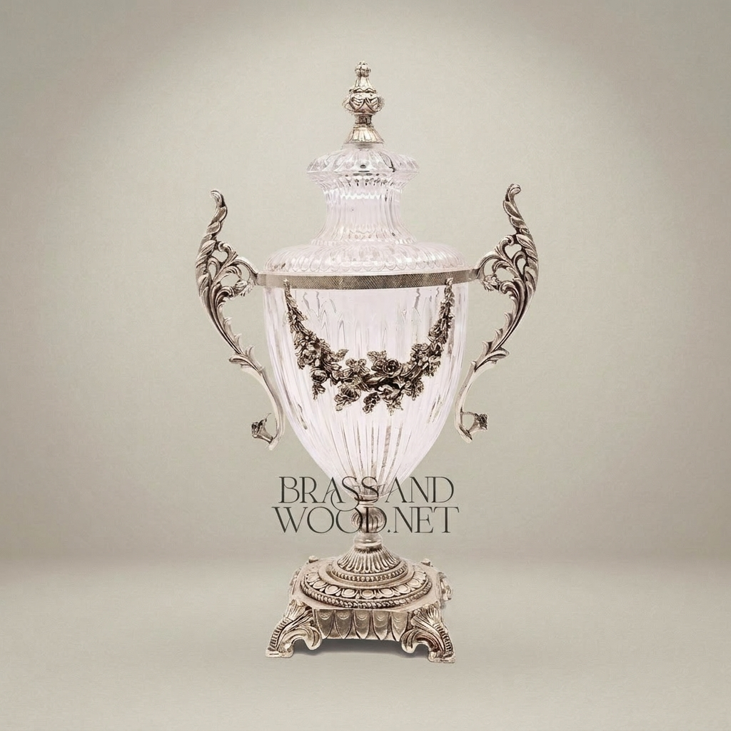 Neoclassical Lidded Crystal Urn Vase with Brass Floral Swag Handles & Ornate Base — Silver