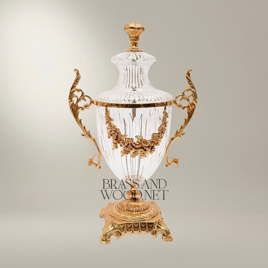 Neoclassical Lidded Crystal Urn Vase with Brass Floral Swag Handles & Ornate Pedestal Base — Gold
