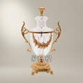 Neoclassical Lidded Crystal Urn Vase with Brass Floral Swag Handles & Ornate Pedestal Base — Gold