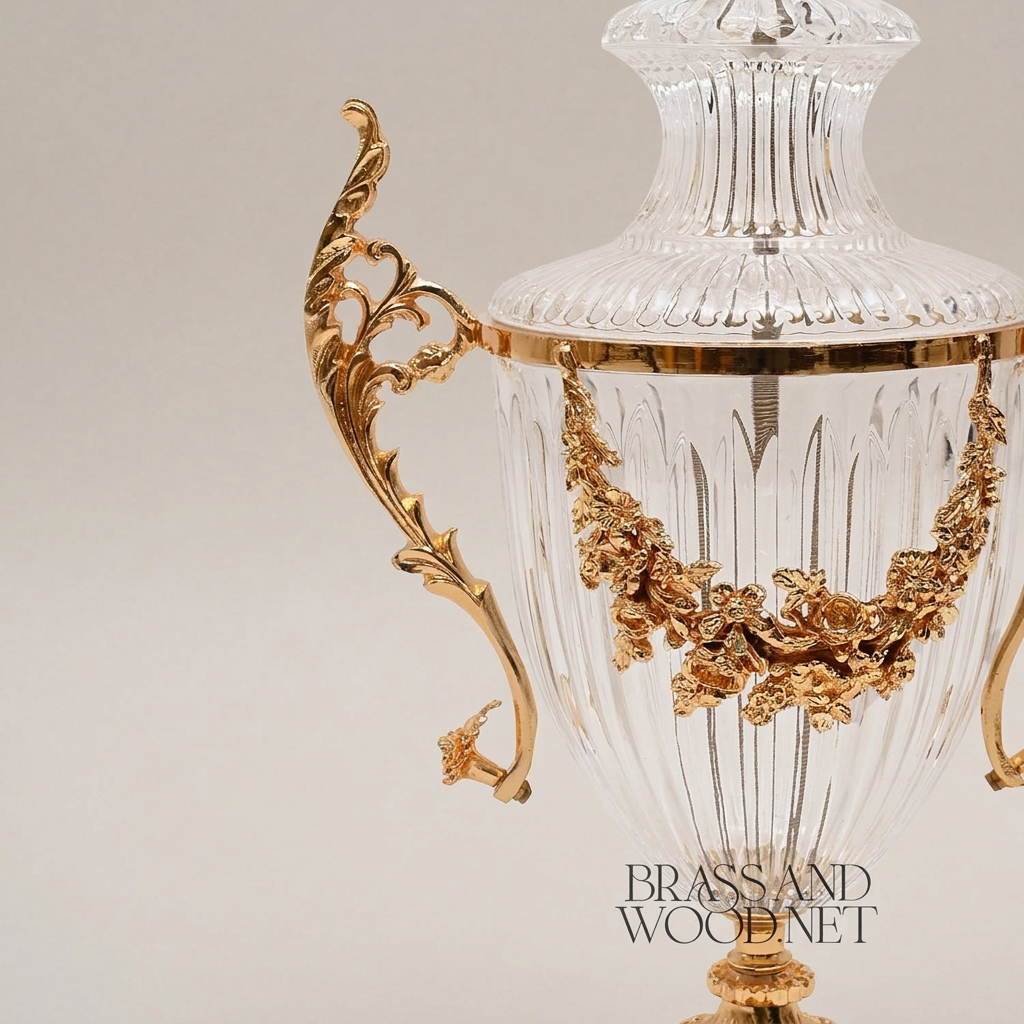 Neoclassical Lidded Crystal Urn Vase with Brass Floral Swag Handles & Ornate Pedestal Base