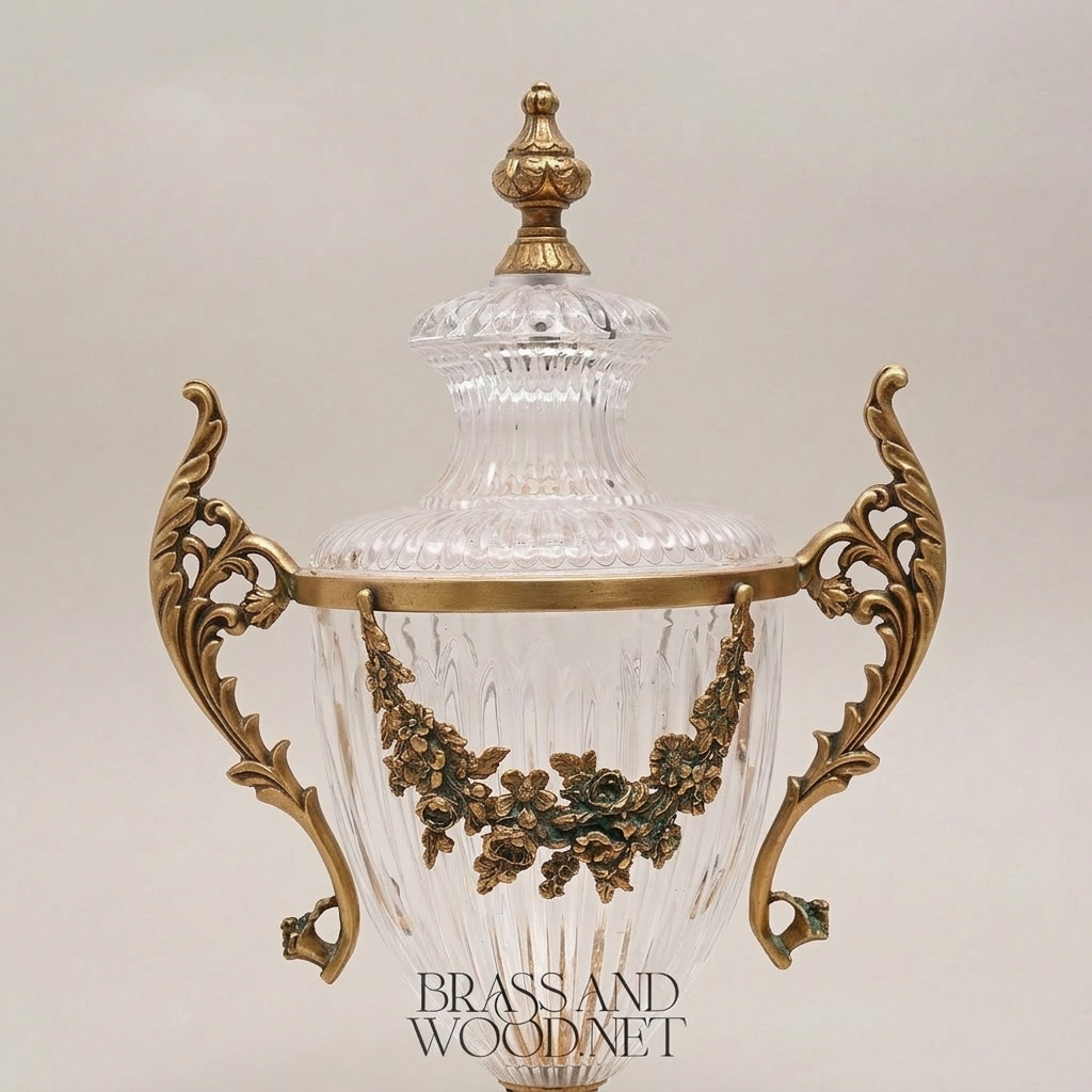 Neoclassical Lidded Crystal Urn Vase with Brass Floral Swag Handles & Ornate Base — Antique Gold