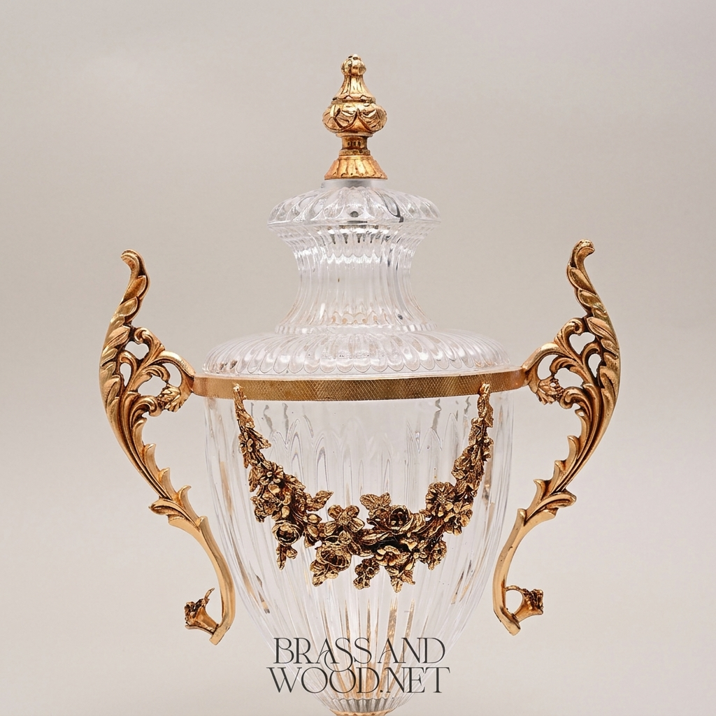 Neoclassical Lidded Crystal Urn Vase with Brass Floral Swag Handles & Ornate Base — Gold