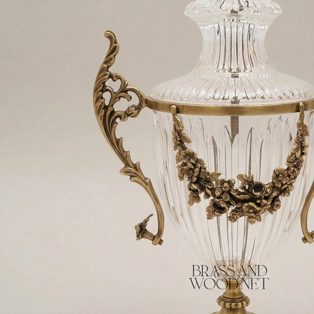 Neoclassical Lidded Crystal Urn Vase with Brass Floral Swag Handles & Ornate Pedestal Base — Antique Gold