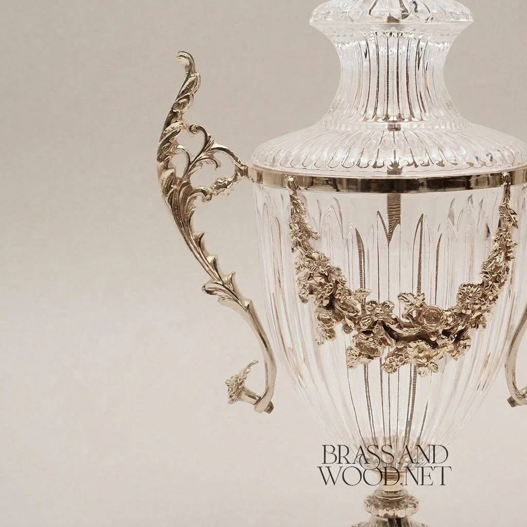 Neoclassical Lidded Crystal Urn Vase with Brass Floral Swag Handles & Ornate Pedestal Base — Silver
