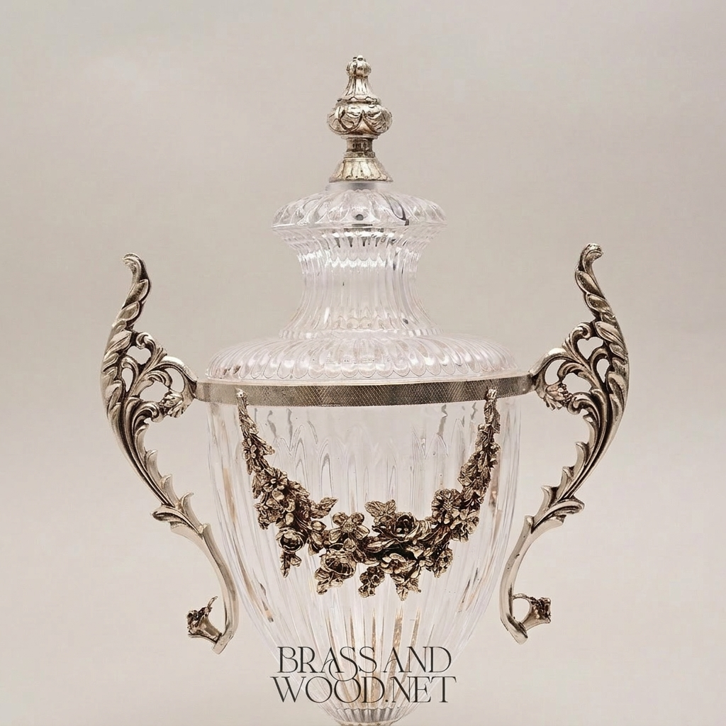 Neoclassical Lidded Crystal Urn Vase with Brass Floral Swag Handles & Ornate Base — Silver