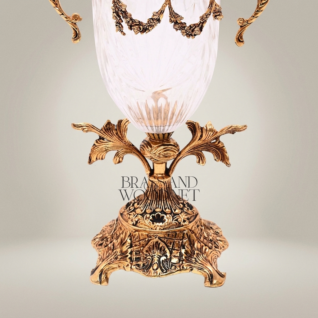 Neoclassical Lidded Crystal Urn Vase with Brass Swag & Acanthus Pedestal — Gold