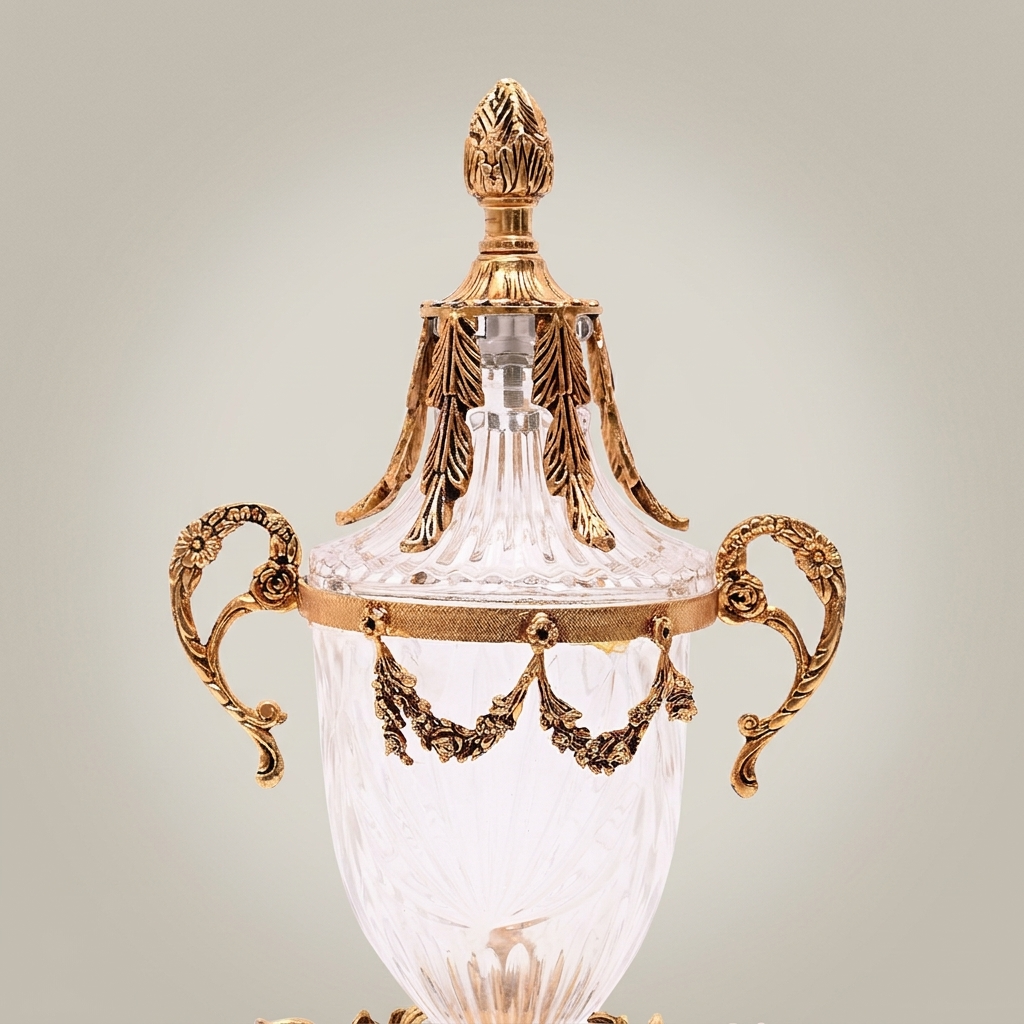 Neoclassical Lidded Crystal Urn Vase with Brass Swag & Acanthus Pedestal