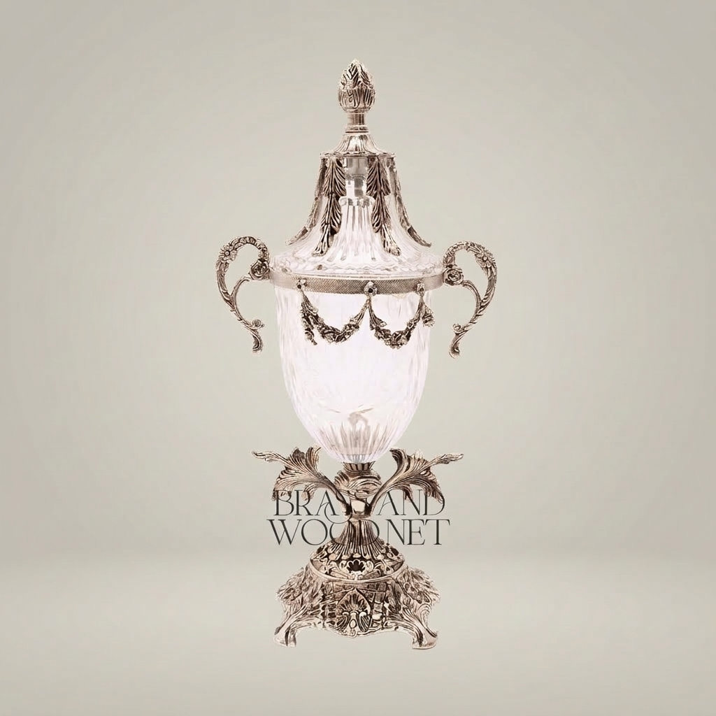 Neoclassical Lidded Crystal Urn Vase with Brass Swag & Acanthus Pedestal — Silver