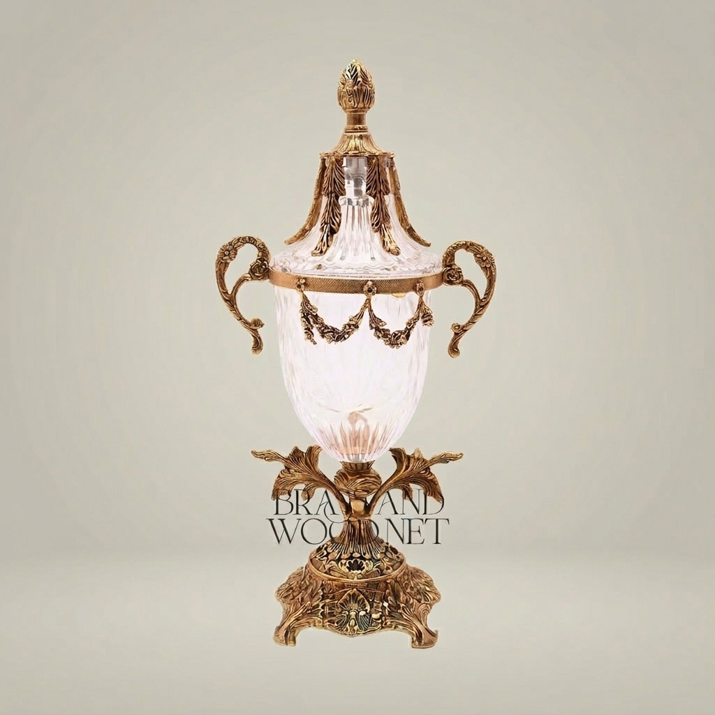 Neoclassical Lidded Crystal Urn Vase with Brass Swag & Acanthus Pedestal — Antique Gold