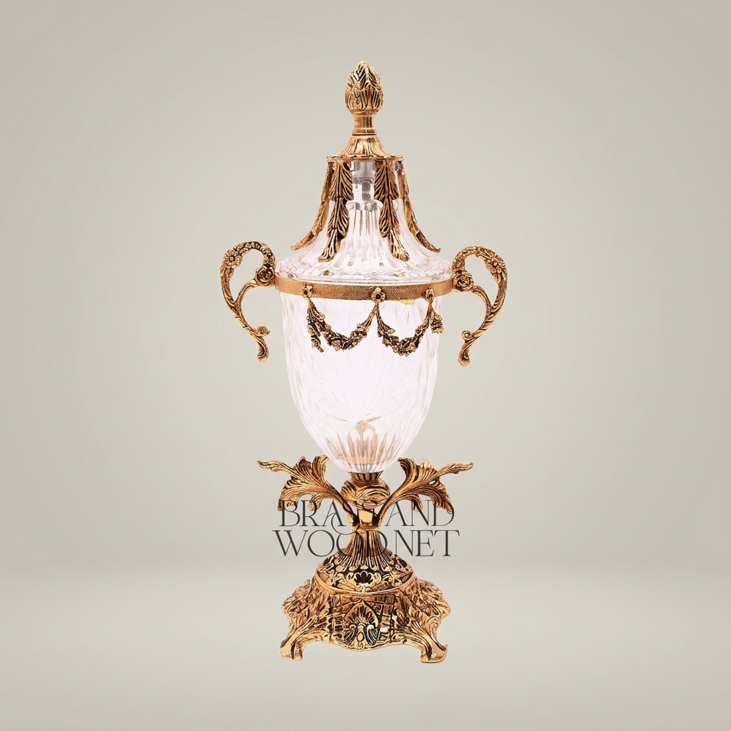 Neoclassical Lidded Crystal Urn Vase with Brass Swag & Acanthus Pedestal