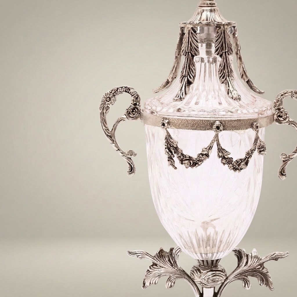 Neoclassical Lidded Crystal Urn Vase with Brass Swag & Acanthus Pedestal — Silver