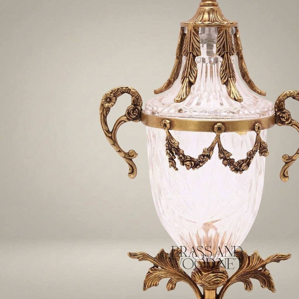 Neoclassical Lidded Crystal Urn Vase with Brass Swag & Acanthus Pedestal — Antique Gold