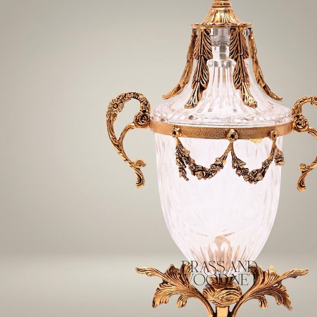 Neoclassical Lidded Crystal Urn Vase with Brass Swag & Acanthus Pedestal — Gold