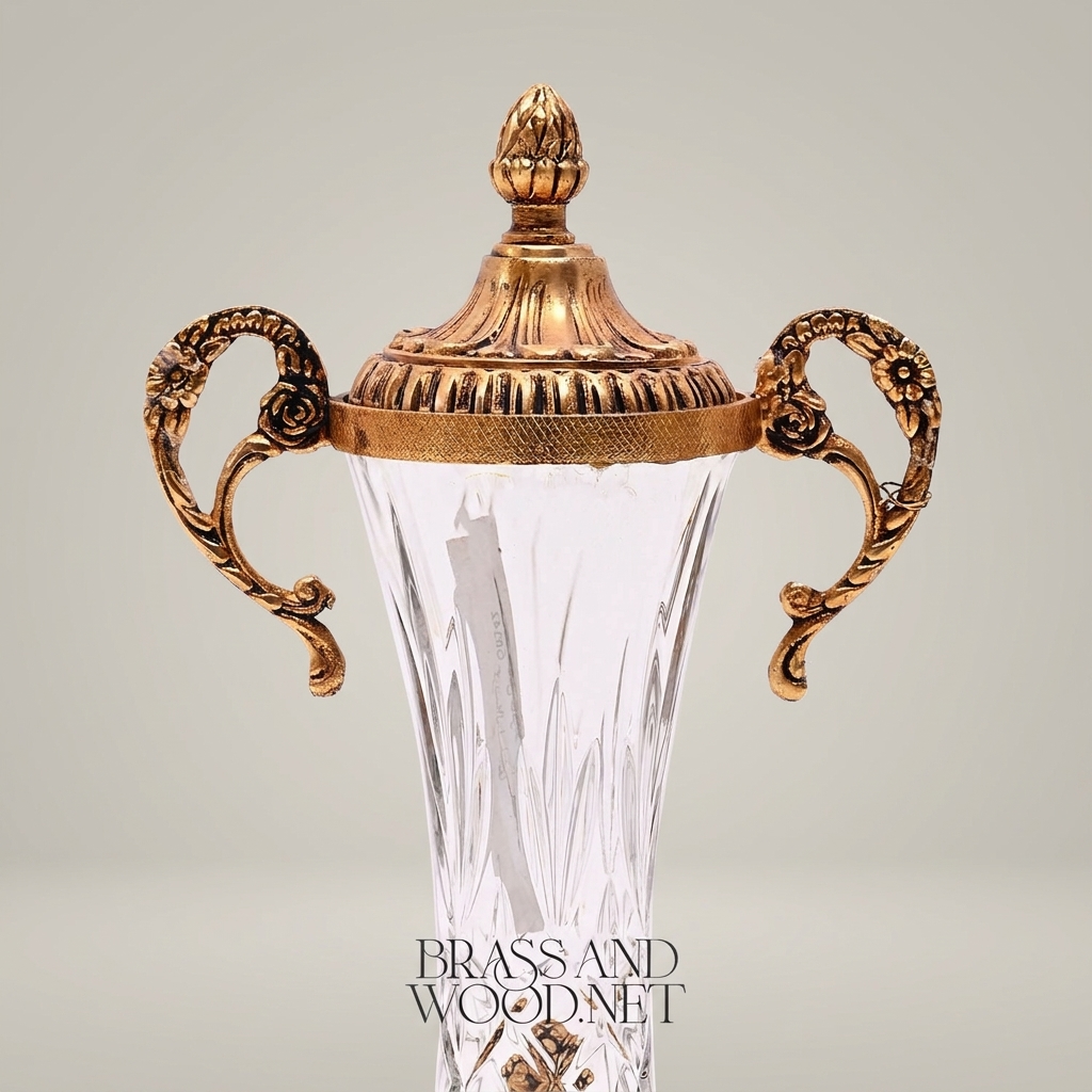Neoclassical Trophy Urn Vase in Cut Crystal & Brass – Lidded with Scroll Handles
