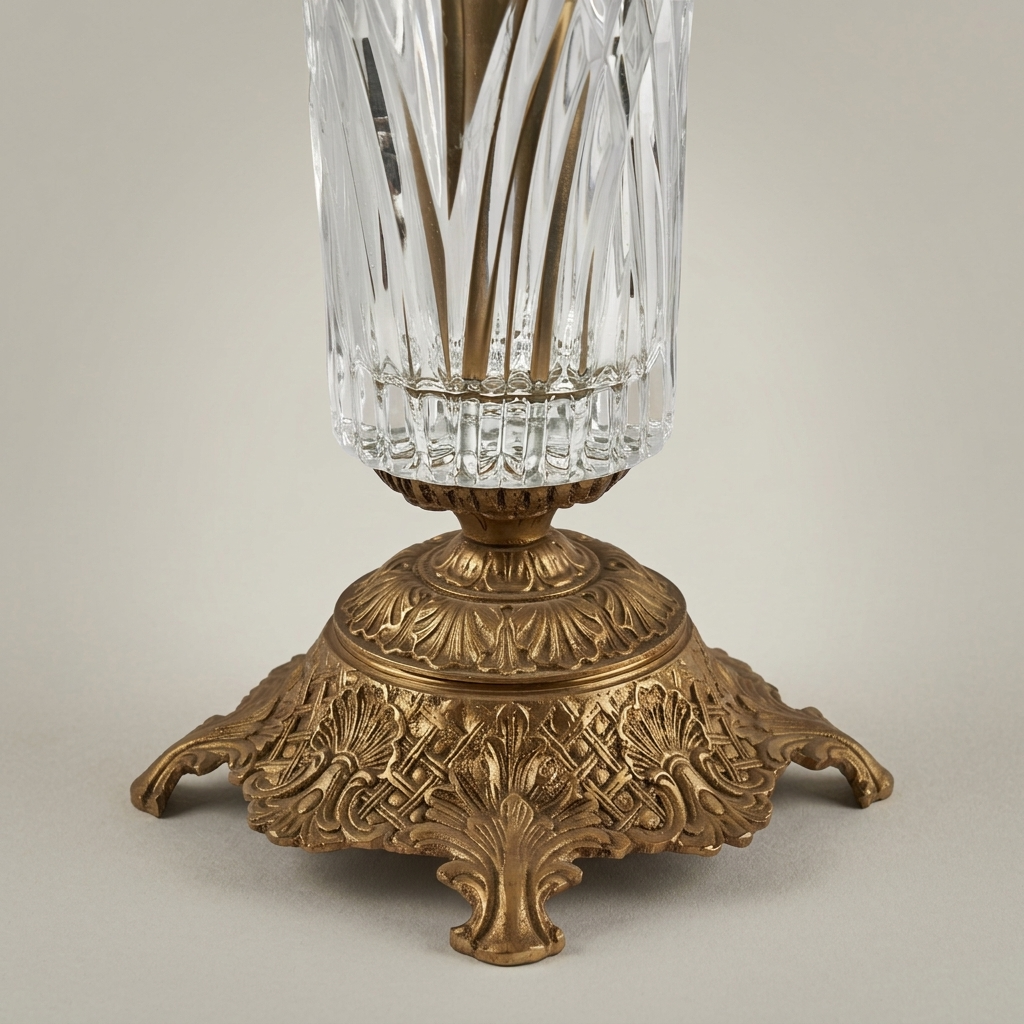 Neoclassical Lidded Crystal Urn Vase with Ornate Brass Mounts & Pinecone Finial — Antique Gold