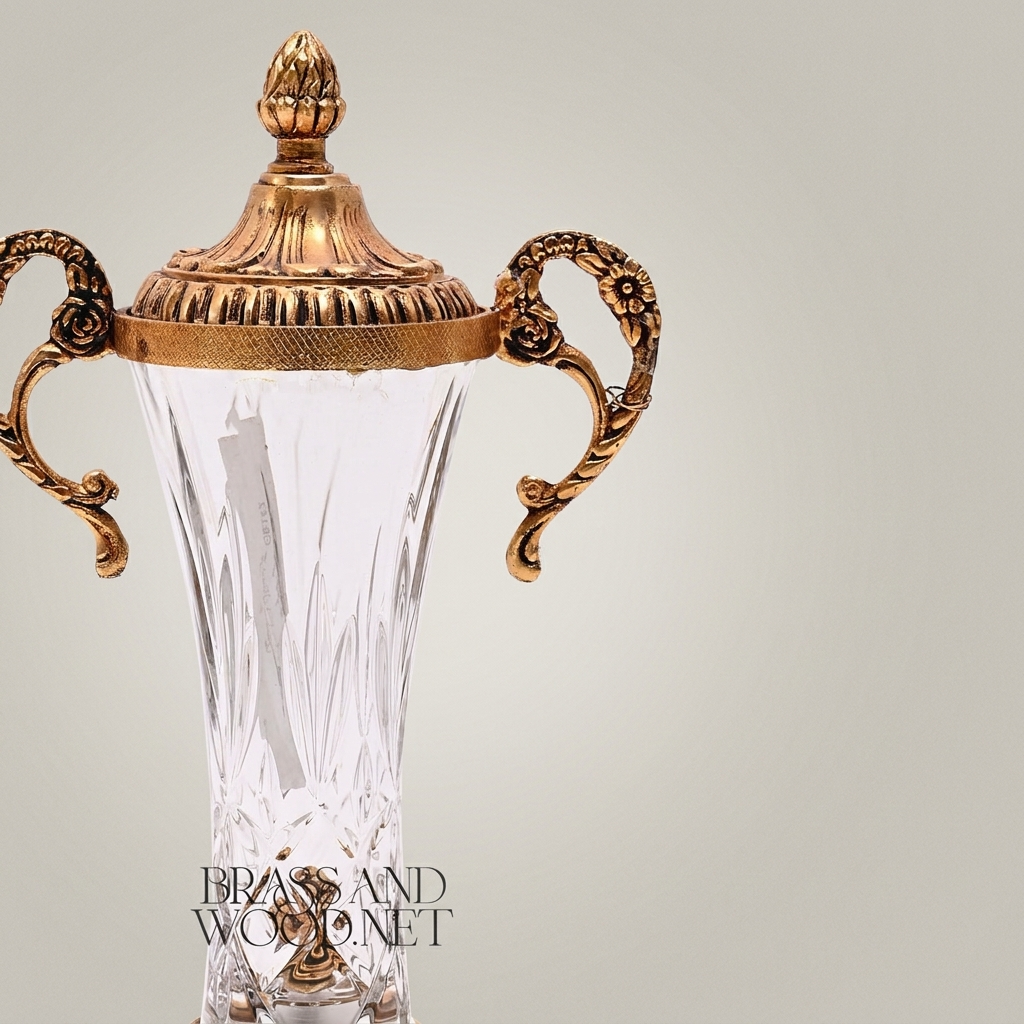 Neoclassical Trophy Urn Vase in Cut Crystal & Brass – Lidded with Scroll Handles
